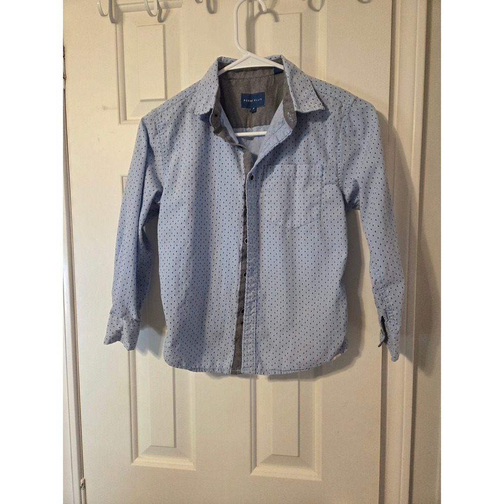 Perry Ellis Boys Blue Geometric Print Long Sleeve Button Down Shirt Size 8